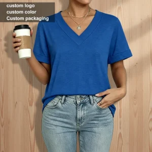 Custom Logo Summer Loose Fit Short Sleeve Blouse Fashion Girls Womens Blue V Neck Casual T Shirt for Daily Wear