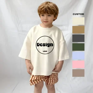 Custom Logo Toddler Kids Boys Oversized Boxy T Shirt Classic Heavyweight 100% Cotton Short Sleeve Baby Drop Shoulder Tee