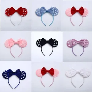 Custom Logo Velvet Mouse Ears Headband Pearl Bow Cartoon Hair Band Cute Party Festival Hair Accessories Kids Women Girls