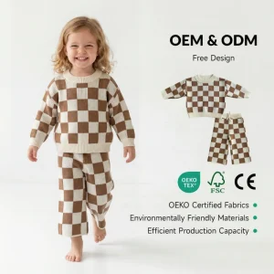 Custom Logo Winter Newborn Baby Sweater Kids Boy Long Sleeves Checker Jacquard Knitwear Infant Girls Clothing Set