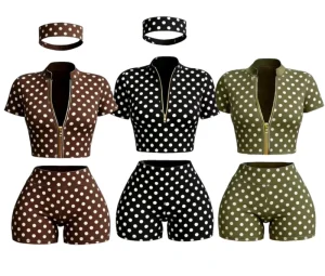 Custom Logo Women Tall Girls Polka Dot 3 Piece Yoga Sets, Zip Up Crop Top Biker Shorts Matching Headband Activewear Streetwear