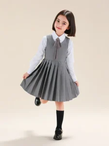 Custom Made Color Girls’ England Style Sleeveless Pleated Vest Dress for Children Polyester with Soft Treatment