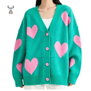 Custom Manufacturer 100% Acrylic Girls Sweet Dating Party Style Heart Knitted Jacquard V Neck Cardigan Sweater for Women