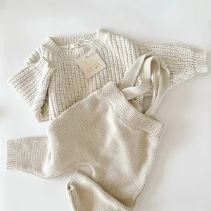 Custom Manufacturer Baby Knitted Sweater Children Boys Girls Overalls Ribbed Cotton Toddler Baby Sweater Pant Set