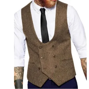 Custom Men’s Herringbone Suit Vest Groom & Groomsman Slim-Fit Vest Vintage Casual Waistcoat