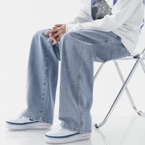 Custom Men’s Oversized Wide Leg Fitting Men Loose Straight Leg Pants Casual Summer Boys Faded Blue Black Denim Jeans