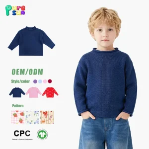 Custom Navy Solid Color 100% Cotton Thread Knit Rollneck Long Sleeve Soft Warm Winter Boys Pullover Sweaters