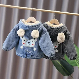 Custom New Baby Boys’ Jacket Stylish Lamb Fleece-Lined Denim Cotton Thickened Zipper Closure Long Length Clothing