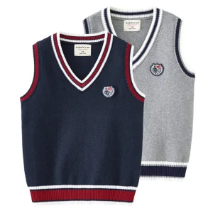 Custom OEM Cross Border Kids Sweater Pullover V Neck Contrasting Colors Knitted Preppy Boys Girls Autumn Medium Large Size