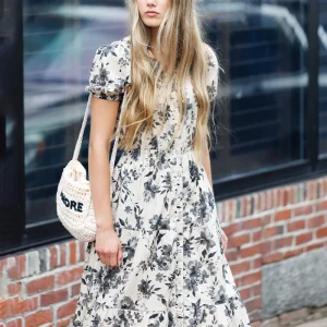 Custom OEM V-neck Knitted Summer Maxi Digital Printing Elegant Dress Women Casual Fashion Floral Puff Sleeve A-Line Girls Dress