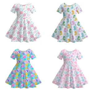 Custom Pattern Girls’ Dresses Comfortable Soft Daily Wear Casual Style Printed Short Sleeves Twirl Dress for Kids Girl