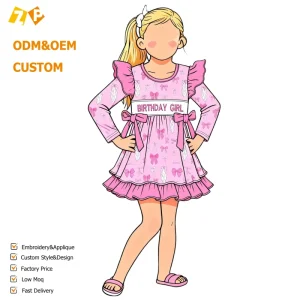 Custom Pink Children Girl Long Sleeve Dress Embroidered Birthday Design Dress with Bowknot Print Children’s Clothing