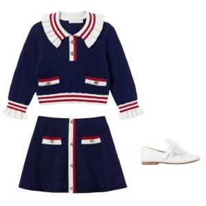 Custom Preppy Style Two Piece Summer Girls Clothing Sets Knitwear Top & Skirt Ruffle Collar Tall Girls Friendly Matching Sets