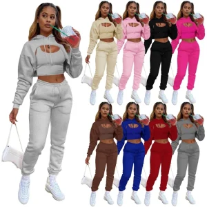 Custom Sexy Girl Drawstring Teach Fleece Cut Out Hoodie Vest Set Tracksuit Private Label Sweatsuit