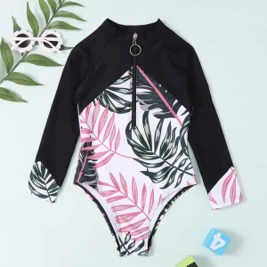 Custom Sexy Print Cute Young Girl One Piece Bikini Beachwear Front Zipper Long Sleeve Child Swimsuit Kids Swimwear