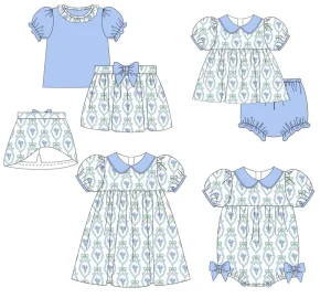 Custom Smocked Floral Kids Girl Clothing Sets Blue Flowers and Bows Printed Children Toddler Girl Ruffle Top with Skirt 2Pcs