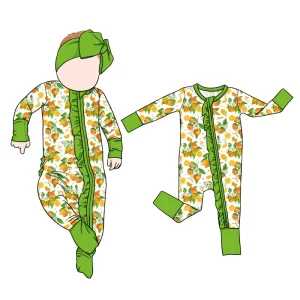 Custom Soft Baby Girl Ruffle Romper Zipper Long Sleeves Printed Bamboo Sleepwear Pajamas for Kids with Hat