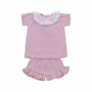 Custom Solid Color Summer Shorts Set 100% Cotton Toddler Girls Knit Short Sleeves Top Ruffle-design Shorts High Quality 2pcs Set