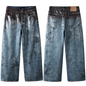 Custom Straight Fit Mens Baggy Denim Jeans Cool Boys Dirty Wash Jeans Dtg Print Jean Waxed Denim