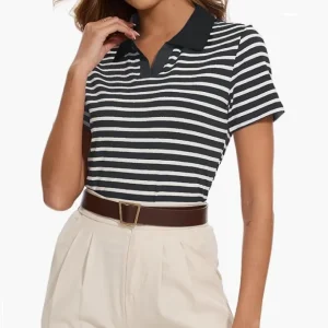 Custom Stripe Cotton Black and White Color Oversized Women and Girls Short Sleeve Polo T Shirts Striped