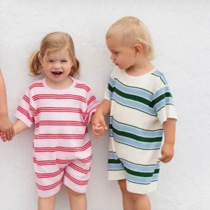 Custom Striped Summer Short Sleeve Boys Girls Jumpsuits Knit Cotton Loose Romper