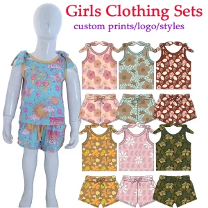 Custom Summer Kids Girls Clothing Sets Hawaii Printed Sleeveless Tank Tops Pocket Shorts 2 Piece Milk Silk Fabric Sets