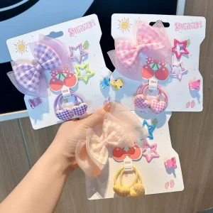 Custom Summer Kids Plaid Bow Hair Clips Set Cute Star Heart Hair Ties Mini Claw Clips Hair Accessories for Baby Girls