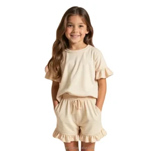 Custom Summer Little Girl Ruffle T Shirt and Shorts Set Solid Colour Knitted Cotton Girls Casual Clothing Set