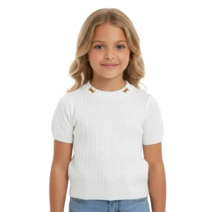 Custom Summer New Design Girls Sweaters Short Sleeve Pullover Sweater Crew Neck Solid Embroidery Logo Kids Pullover Sweater