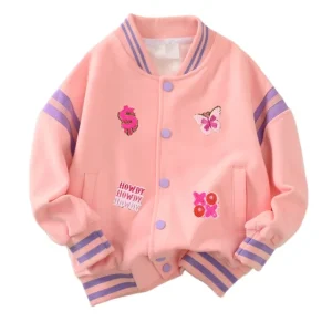 Custom Sweet Patches Bomber Jacket for Kids Boys Girls Autumn Cotton School Jacket with Customized Color and Size Patchwork Design