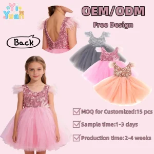 Custom Toddler Girl Casual Summer Sequin A-Line Sleeveless Backless Tutu Dress for Wedding & Birthday Parties