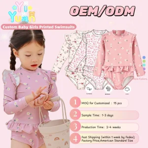Custom Toddler Girls Floral Print Swimsuit Ruffle Long Sleeve Rash Guard Set for 2 6 Years Kids OEM ODM Girls Bikini Swimsuit
