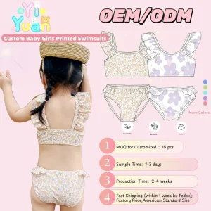 Custom Toddler Girls Floral Print Swimsuit Square Neck Ruffle Two Piece Tankini for 2 6 Years Kids Custom logo Swimwear Swimsuit