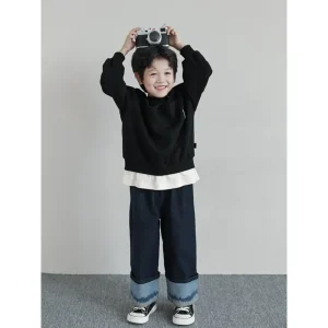 Custom Trendy Children’s Relaxed-fit Straight-leg Trousers Color-blocked Folded ODM Cuffs Jeans Kids Boys Casual Wear Pants