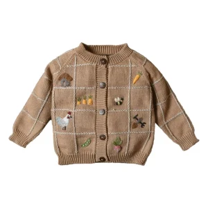 Custom Unisex Kids Girls Warm Autumn Vintage Handmade Wool Embroidered Soft Knitted Thick Cardigan Sweater Top