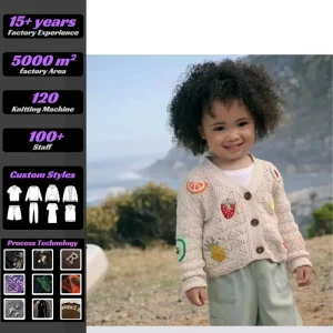Custom Winter Children Patchwork Knitted Cardigan Hollow Out Crochet Girl Kid Wool Sweater