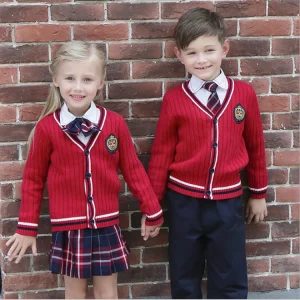 Custom Winter Primary Cardigan Sweater Jacket Plaid Skirt and Pants Kids Boys Girl High School Uniform