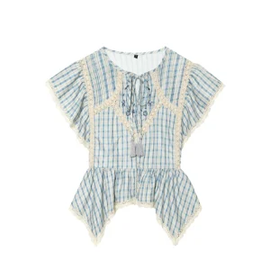 Custom Women’s Plaid Embroidered Fringe Short Sleeve Blouse Sweet Bow Detail Button Front Tassels Top OEM Factory Girls Shirts