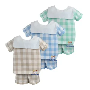 Custom logo square Collar Kids Boys Clothing Set Summer Woven Gingham Baby Boys Two Piece Shorts Set