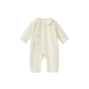 Customizable Baby Girls Cotton Romper With Ruffle Trim Soft Breathable Infant Long Sleeve Jumpsuit OEM Service