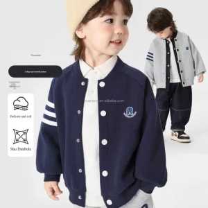 Customizable Boys Toddler College Style Waterproof Baseball Jacket Soft Knitted Embroidery Striped Sleeves Autumn