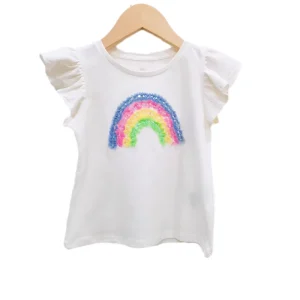 Customizable Casual Embroidered Summer New Design Ruffle Sleeve Rainbow Sequin Girls T shirts 100% Cotton Breathable Cute Kids