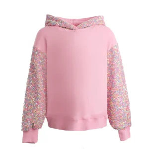 Customizable Casual Girls pink Sequins Stitching O neck Hooded Sweater