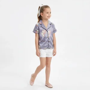Customizable Cute Girls Summer Thermal Terry Polyester Cotton Garment Dyed Pajamas Short Sleeve Geometric Print Sleepwear