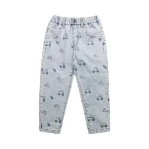Customizable Elastic Waist Feet Opening Denim Leggings Cartoon Full Printed 100% Cotton Eco-Friendly Boys Jeans for Children