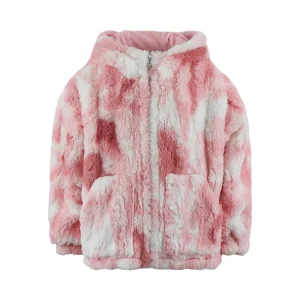 Customizable Girls Pink Tie Dye Fuzzy Plush Hooded Sweater Warm Cozy Zip Up Kids Knitwear for Winter
