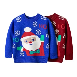 Customizable Jacquard Santa Snowflake Pullover Kids’ Winter Sweater with Floral Decoration for Boys and Girls