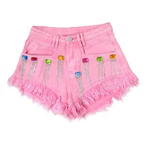 Customizable Latest Design Girl Denim Shorts Rhinestone Diamond Colorful Breathable Washed Jean Shorts