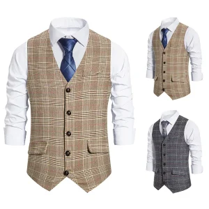 Customizable Men’s Plaid Waistcoat Formal Check Waistcoat for Autumn Winter Outer Wear