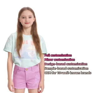 Customizable Pink Kid Shorts Fringe Hem Girls Shorts with Flower Embroidery